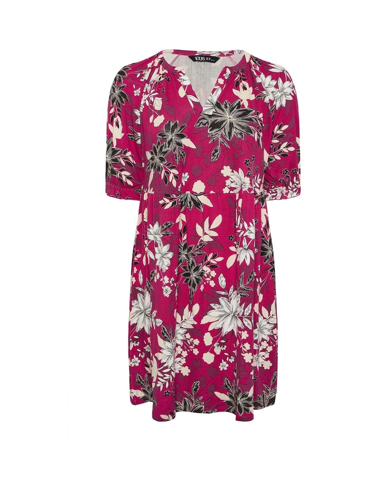 Yours Curve Pink Floral Print Notch Neck Dress - Image 5 of 5