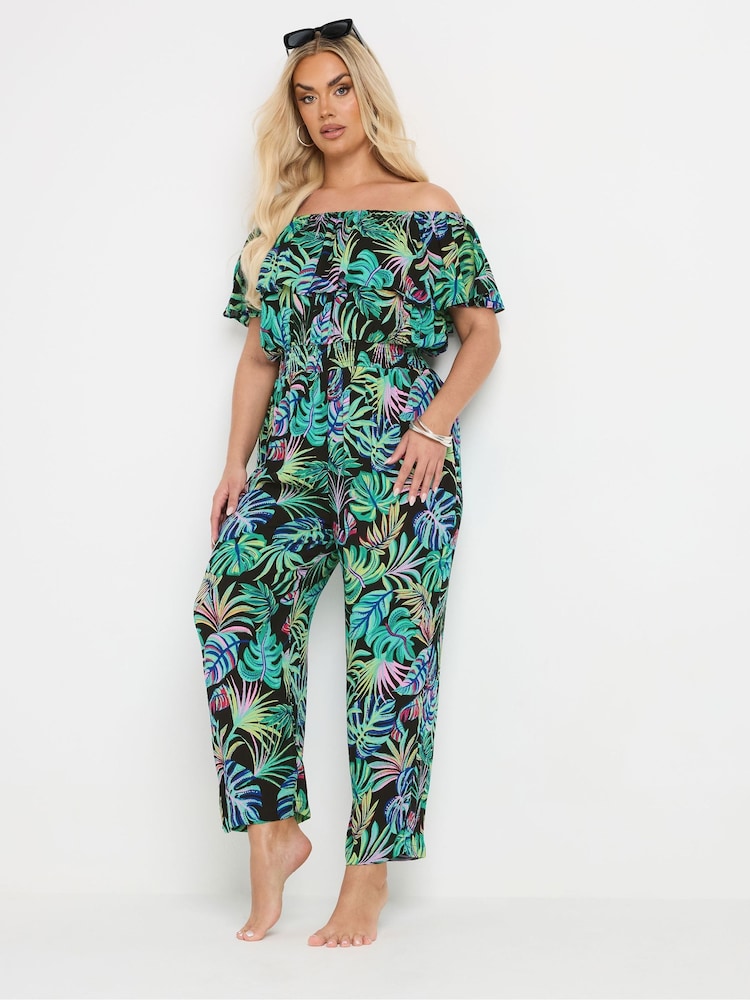 Yours Curve Green Leaf Bardot Jumpsuit - Image 1 of 5