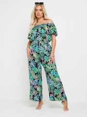 Yours Curve Green Leaf Bardot Jumpsuit - Image 2 of 5
