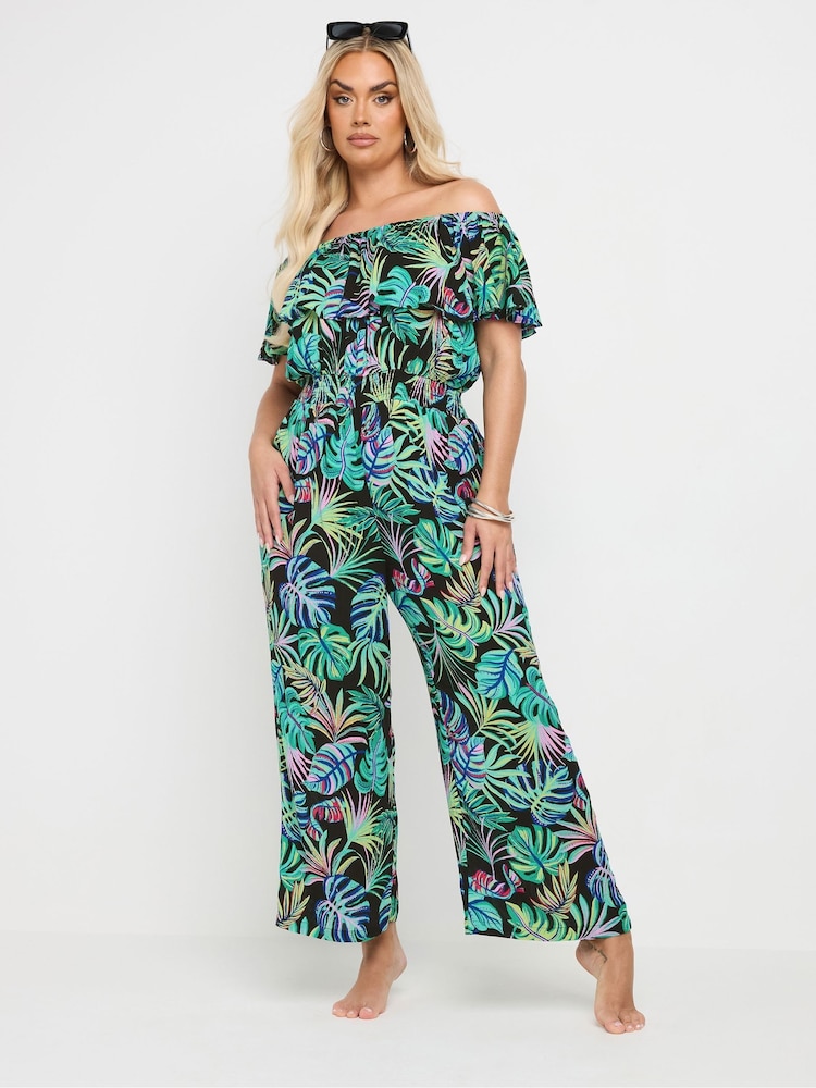 Yours Curve Green Leaf Bardot Jumpsuit - Image 2 of 5
