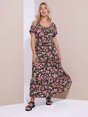 Yours Curve Chrome Black Milkmaid Tiered Maxi Dress - Image 1 of 5