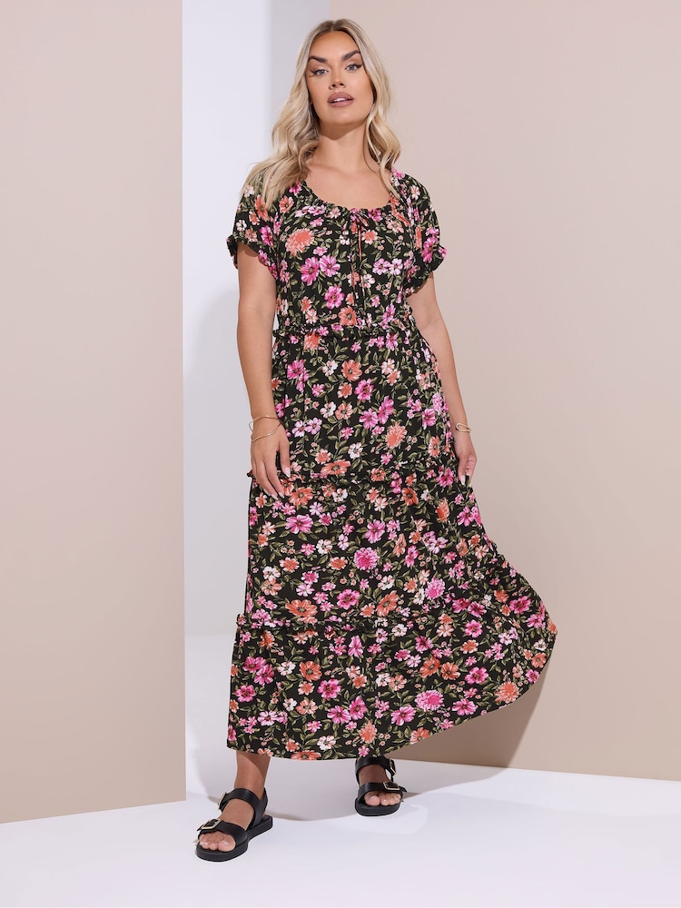 Yours Curve Chrome Black Milkmaid Tiered Maxi Dress - Image 1 of 5