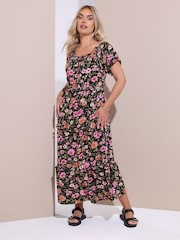 Yours Curve Chrome Black Milkmaid Tiered Maxi Dress - Image 2 of 5