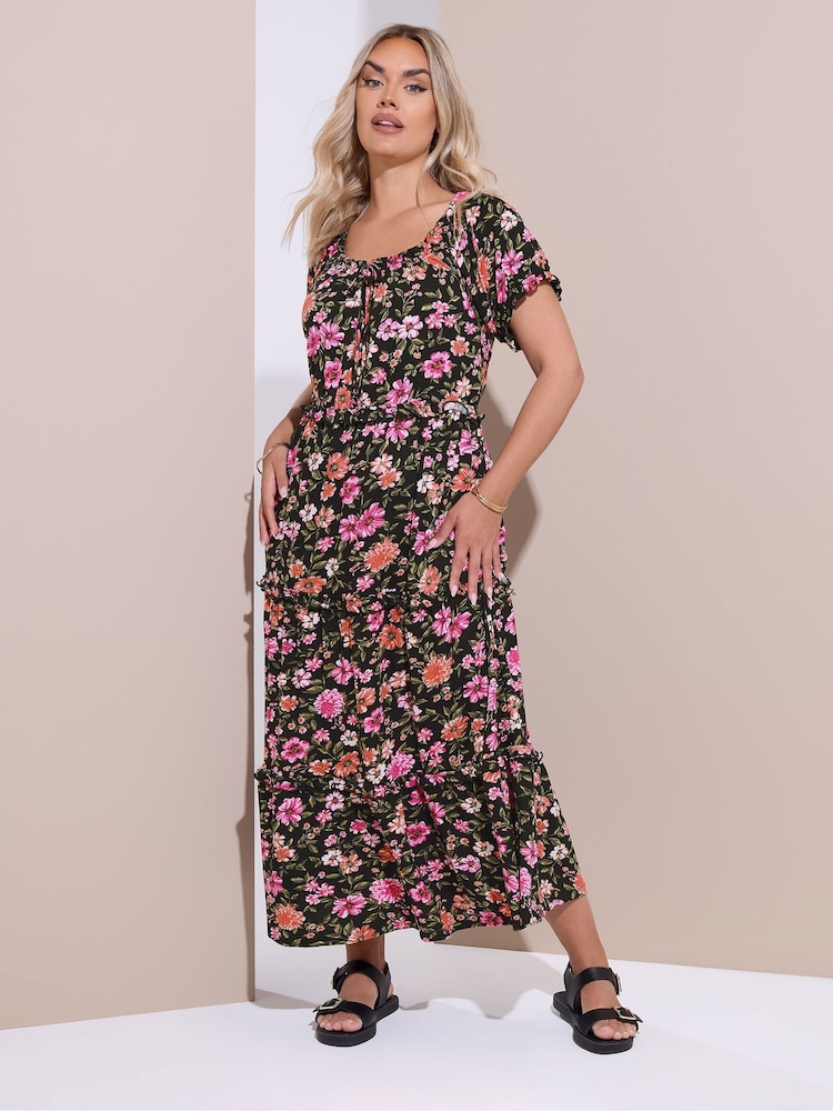 Yours Curve Chrome Black Milkmaid Tiered Maxi Dress - Image 2 of 5