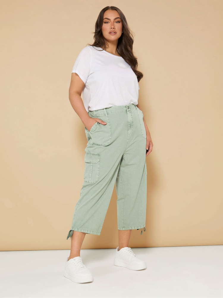 Yours Curve Light Green Woven Cargo Cropped 100% Cotton Trousers - Image 2 of 5 Yours Curve Light Green Woven Cargo Cropped 100% Cotton Trousers - Image 2 of 5
