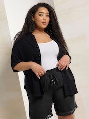 Yours Curve Black Trim Hem Crinkle Shorts - Image 1 of 5