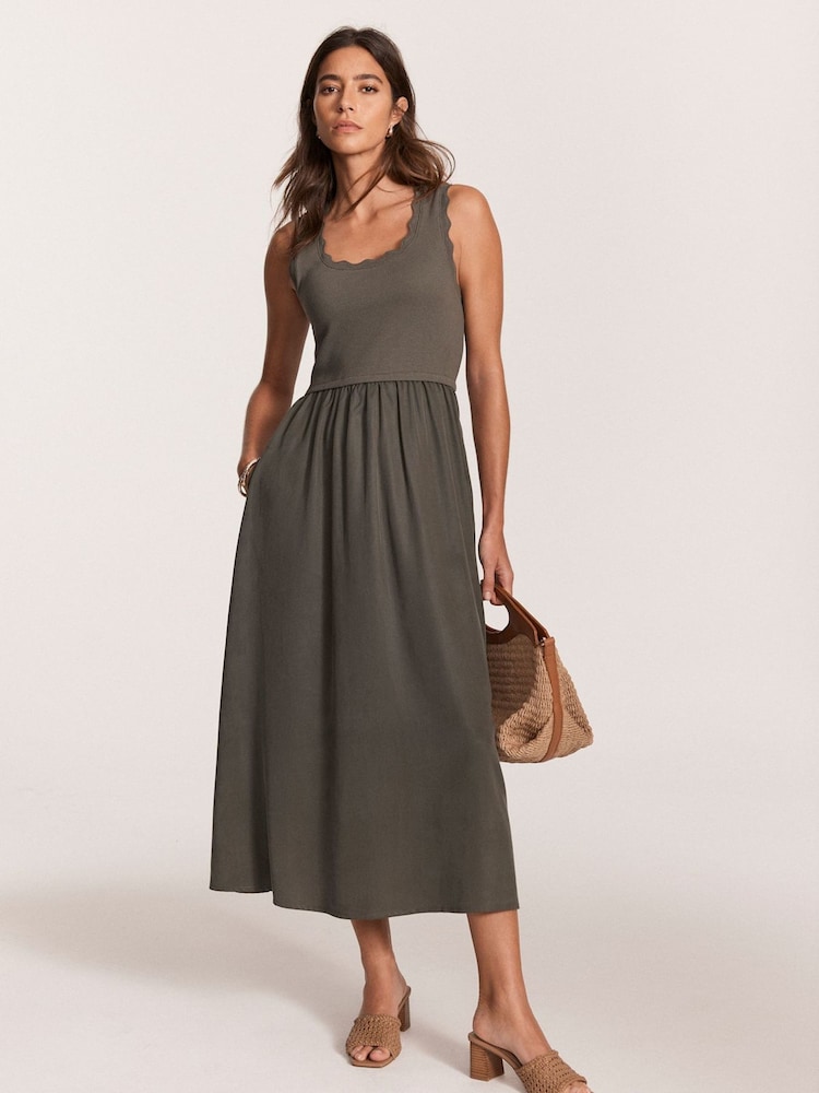 Mint Velvet Green Scallop Detail Woven Midi Dress - Image 1 of 7
