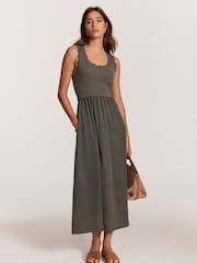 Mint Velvet Green Scallop Detail Woven Midi Dress - Image 4 of 7