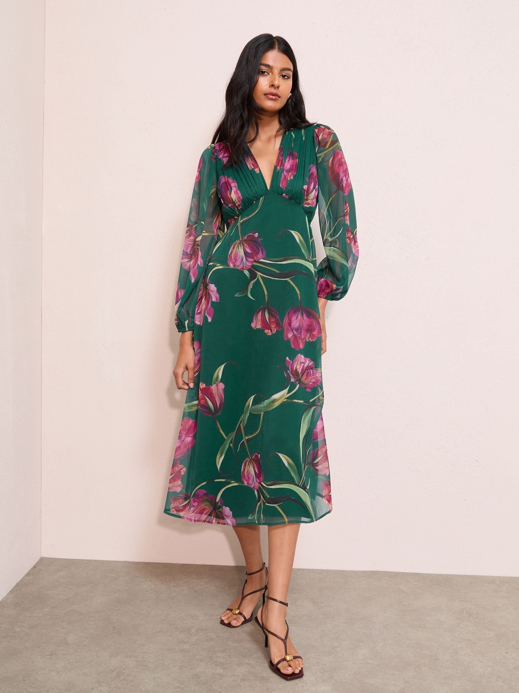 Friends Like These Green Floral Petite Chiffon Long Sleeve V-Neck Midi Dress