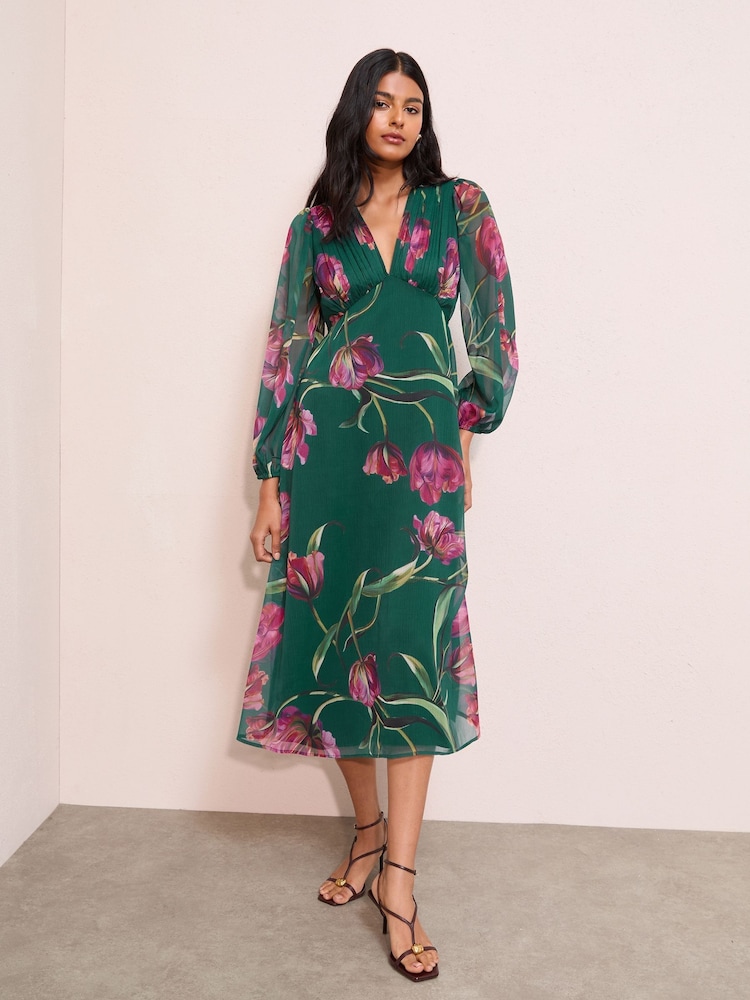 Friends Like These Green Floral Petite Chiffon Long Sleeve V-Neck Midi Dress - Image 1 of 5