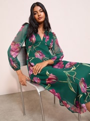 Friends Like These Green Floral Petite Chiffon Long Sleeve V-Neck Midi Dress - Image 2 of 5