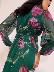 Friends Like These Green Floral Petite Chiffon Long Sleeve V-Neck Midi Dress - Image 4 of 5