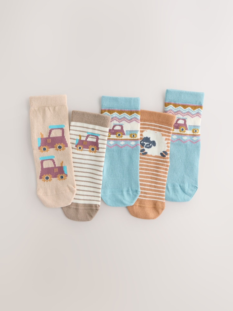 Blue/Neutral Farm Print Rich Socks 5 Pack - Image 1 of 3 Blue/Neutral Farm Print Rich Socks 5 Pack - Image 1 of 3