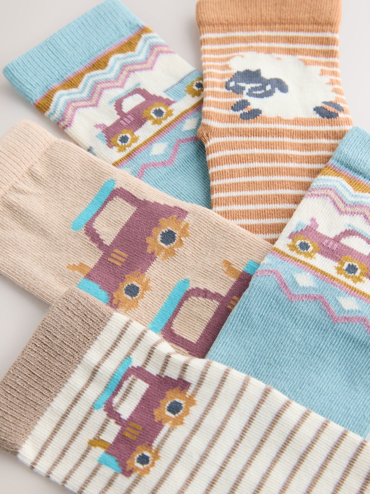 Blue/Neutral Farm Print Rich Socks 5 Pack - Image 2 of 3 Blue/Neutral Farm Print Rich Socks 5 Pack - Image 2 of 3