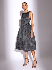 Lipsy Black Petite Premium Textured Diamonte Embellished Skater Midi Dress - Image 1 of 4