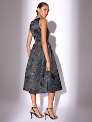 Lipsy Black Petite Premium Textured Diamonte Embellished Skater Midi Dress - Image 2 of 4