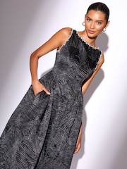 Lipsy Black Petite Premium Textured Diamonte Embellished Skater Midi Dress - Image 3 of 4