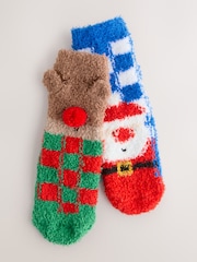 Santa/Reindeer Checkerboard Christmas Cosy Socks 2 Pack - Image 1 of 3