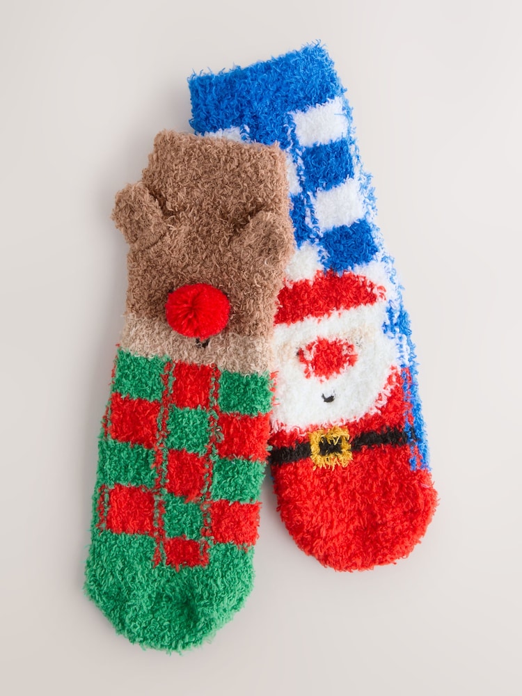 Santa/Reindeer Checkerboard Christmas Cosy Socks 2 Pack - Image 1 of 3