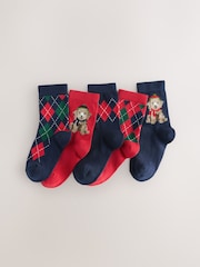 Navy Blue/Red Argyle Dog Christmas Cotton Rich Socks 5 Pack - Image 1 of 3