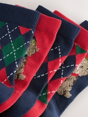 Navy Blue/Red Argyle Dog Christmas Cotton Rich Socks 5 Pack - Image 2 of 3