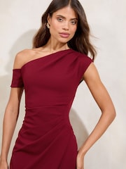 Lipsy Burgundy Red Off The Shoulder Gathered Waist Midi Dress - Image 3 of 5