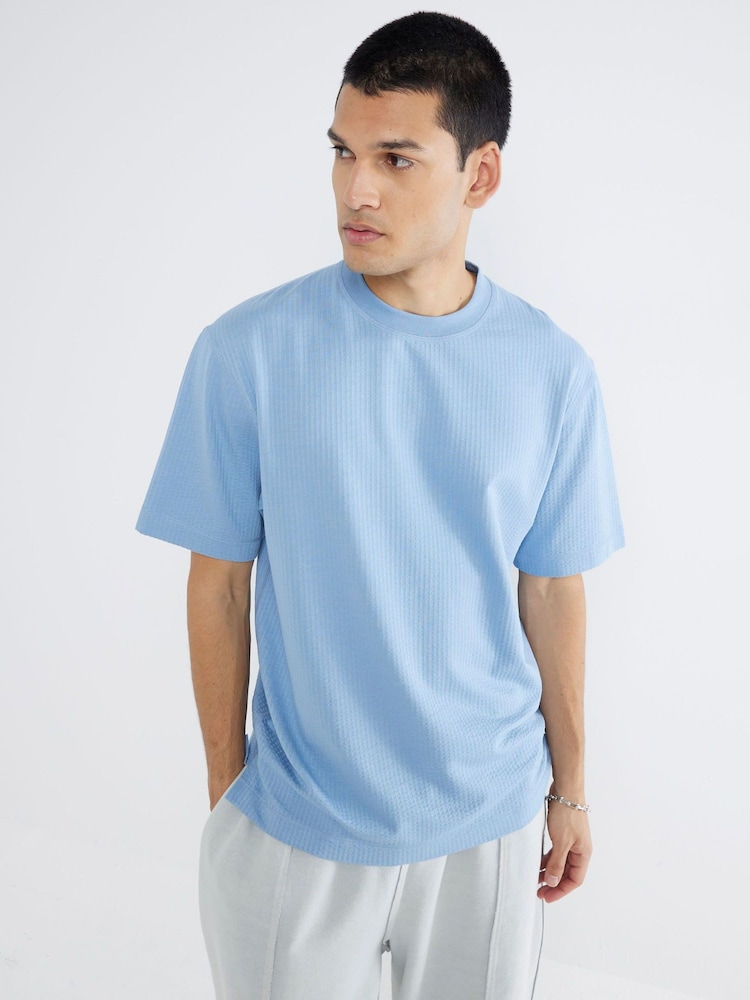 River Island Blue Regular Fit Seersucker 100% Cotton T-Shirt - Image 1 of 4