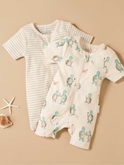 Purebaby Natural Turtle Print Short Sleeve 100% Cotton Sleepsuits 2 Pack - Image 1 of 5