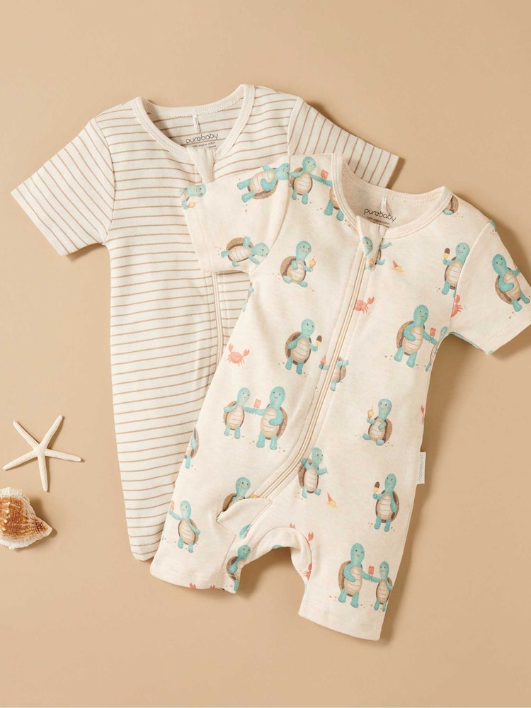 Purebaby Natural Turtle Print Short Sleeve 100% Cotton Sleepsuits 2 Pack - Image 1 of 5