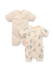 Purebaby Natural Turtle Print Short Sleeve 100% Cotton Sleepsuits 2 Pack - Image 2 of 5