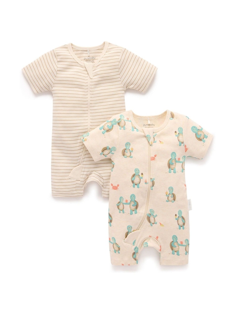 Purebaby Natural Turtle Print Short Sleeve 100% Cotton Sleepsuits 2 Pack - Image 2 of 5