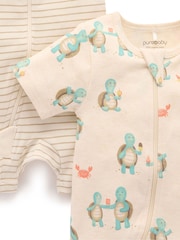 Purebaby Natural Turtle Print Short Sleeve 100% Cotton Sleepsuits 2 Pack - Image 4 of 5