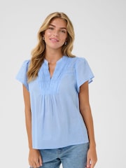 Kaffe Blue KAkarli Short Sleeve V-Neck 100% Cotton Blouse - Image 1 of 5