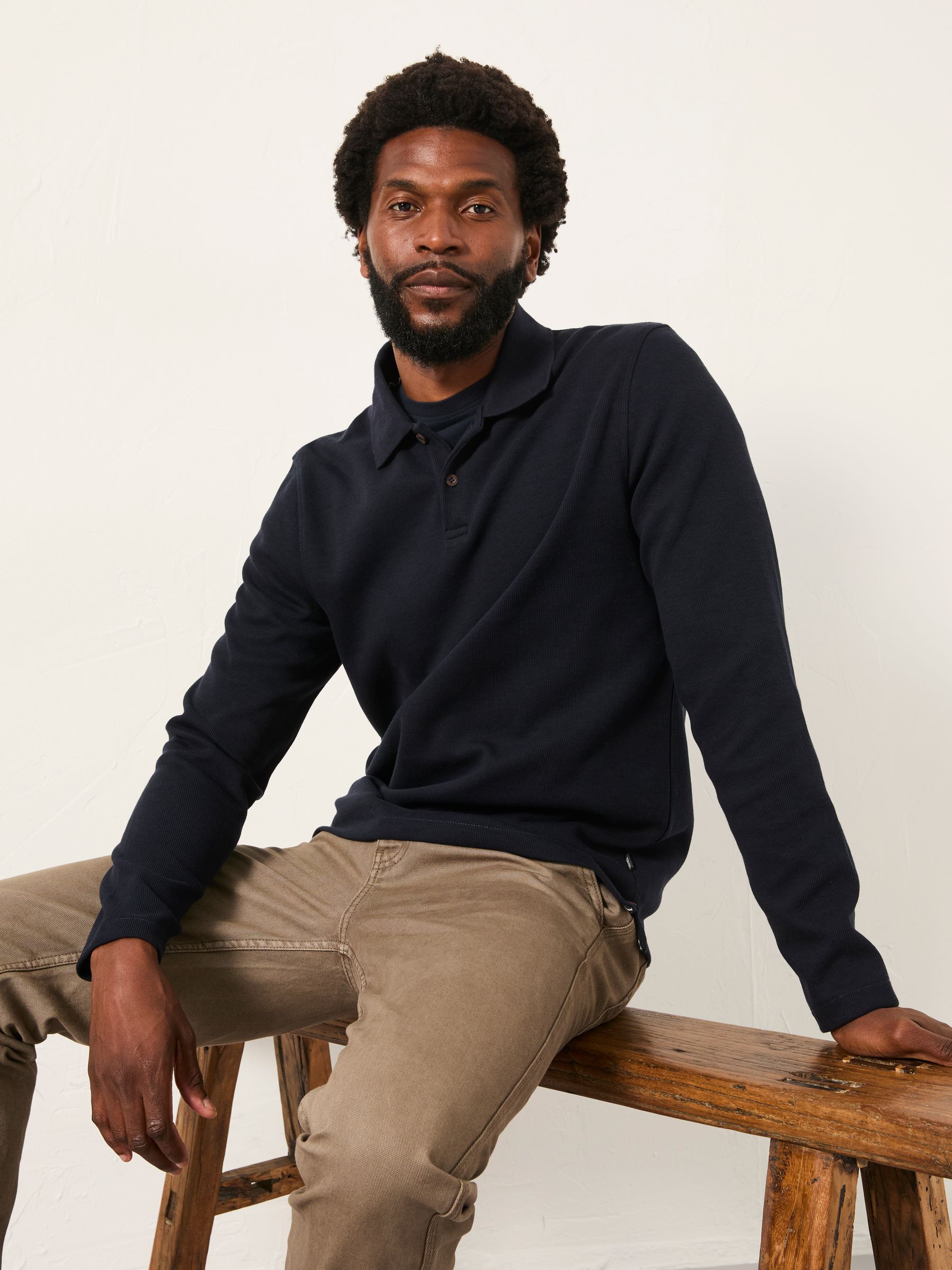 Fat Face Men's Navy Fatface Ayr Long Sleeve Ribbed Polo Shirt