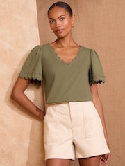 Love & Roses Olive Green Scallop V-Neck T-Shirt - Image 1 of 4