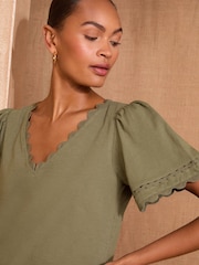 Love & Roses Olive Green Scallop V-Neck T-Shirt - Image 2 of 4