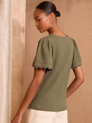 Love & Roses Olive Green Scallop V-Neck T-Shirt - Image 4 of 4