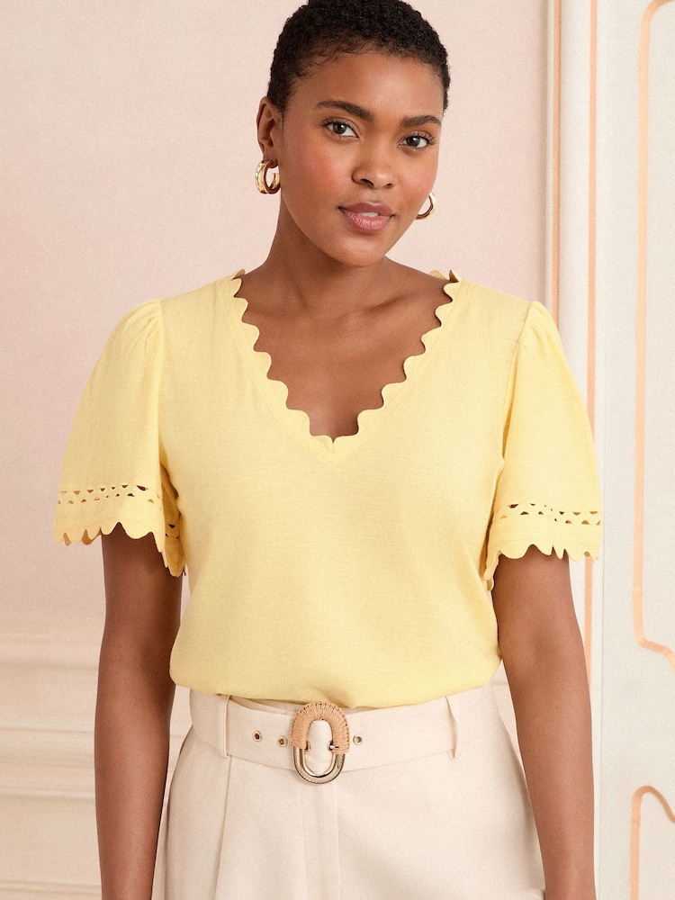 Love & Roses Buttermilk Yellow Scallop V-Neck T-Shirt - Image 1 of 4