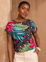Love & Roses Khaki Animal Tropical Print Crew Neck Jersey T-Shirt - Image 1 of 4
