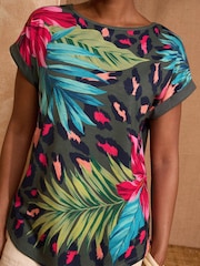 Love & Roses Khaki Animal Tropical Print Crew Neck Jersey T-Shirt - Image 2 of 4