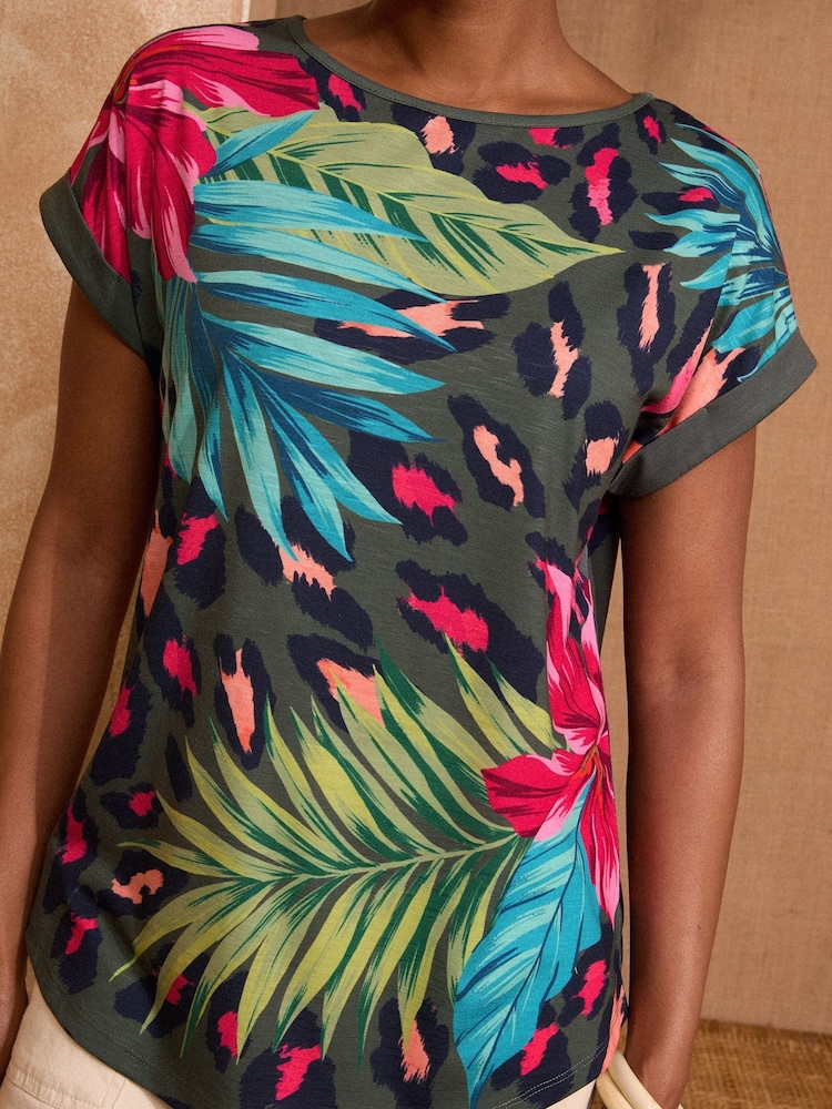 Love & Roses Khaki Animal Tropical Print Crew Neck Jersey T-Shirt - Image 2 of 4 Love & Roses Khaki Animal Tropical Print Crew Neck Jersey T-Shirt - Image 2 of 4