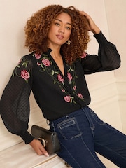 Love & Roses Black Embroidered Notch Neck Long Sleeve Blouse - Image 1 of 4