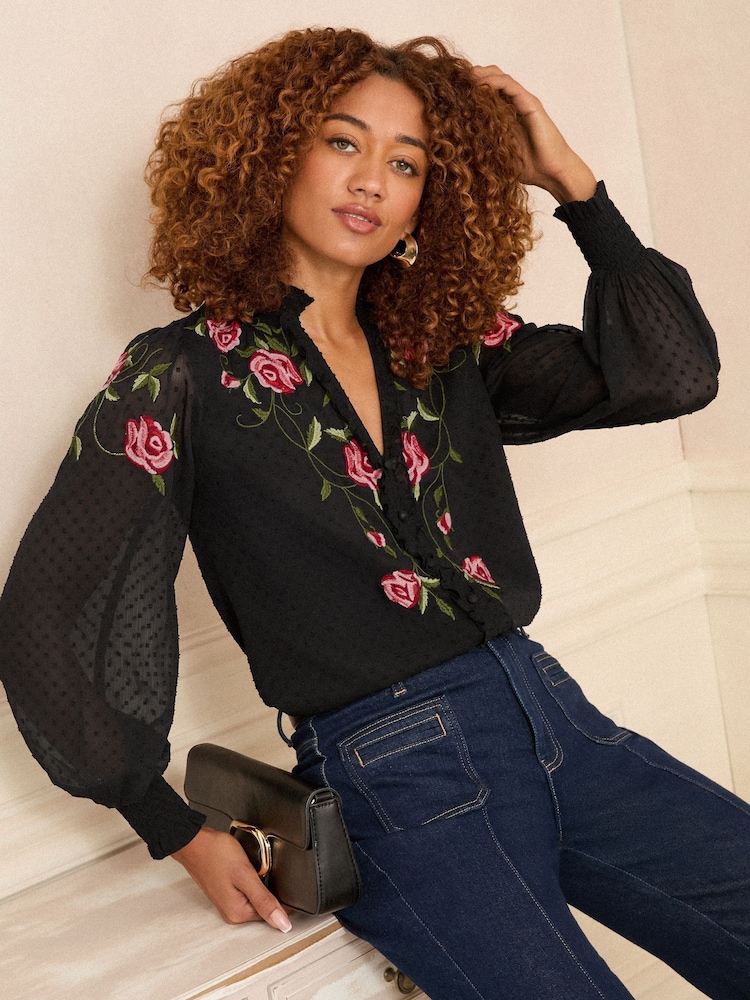 Love & Roses Black Embroidered Notch Neck Long Sleeve Blouse - Image 1 of 4
