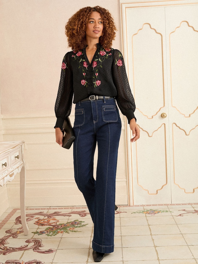 Love & Roses Black Embroidered Notch Neck Long Sleeve Blouse - Image 2 of 4