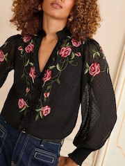 Love & Roses Black Embroidered Notch Neck Long Sleeve Blouse - Image 3 of 4