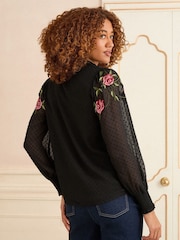 Love & Roses Black Embroidered Notch Neck Long Sleeve Blouse - Image 4 of 4