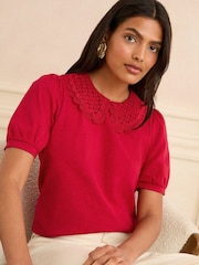 Love & Roses Red Lace Collar Jersey Short Sleeve T-Shirt - Image 1 of 4