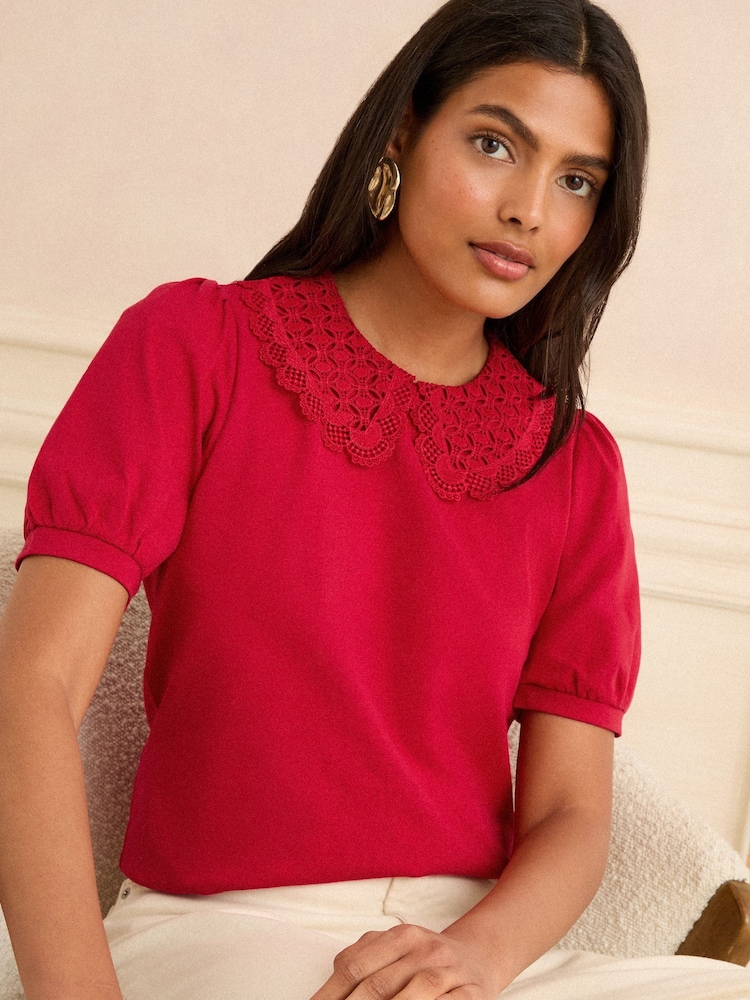 Love & Roses Red Lace Collar Jersey Short Sleeve T-Shirt - Image 1 of 4