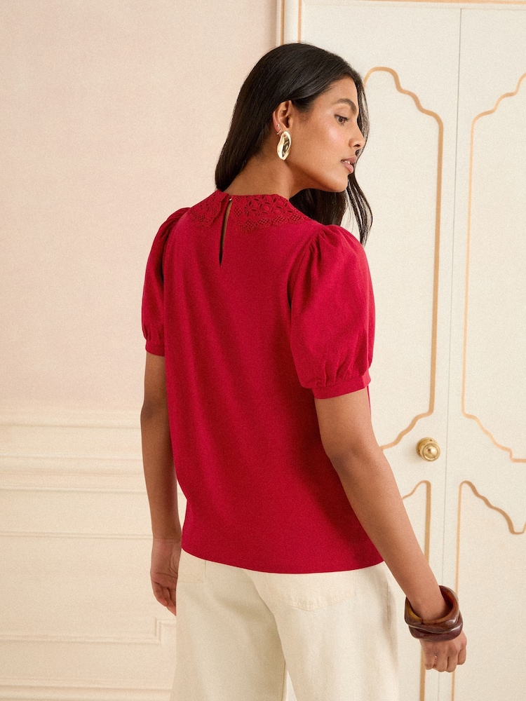 Love & Roses Red Lace Collar Jersey Short Sleeve T-Shirt - Image 4 of 4