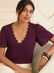 Love & Roses Berry Red Scallop V-Neck T-Shirt - Image 1 of 4